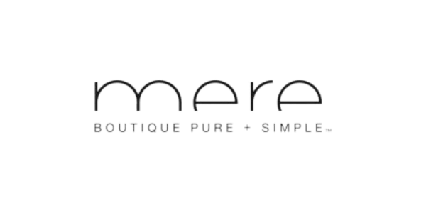 Logo for 'mere,' a boutique with the tagline 'Pure + Simple' underneath.