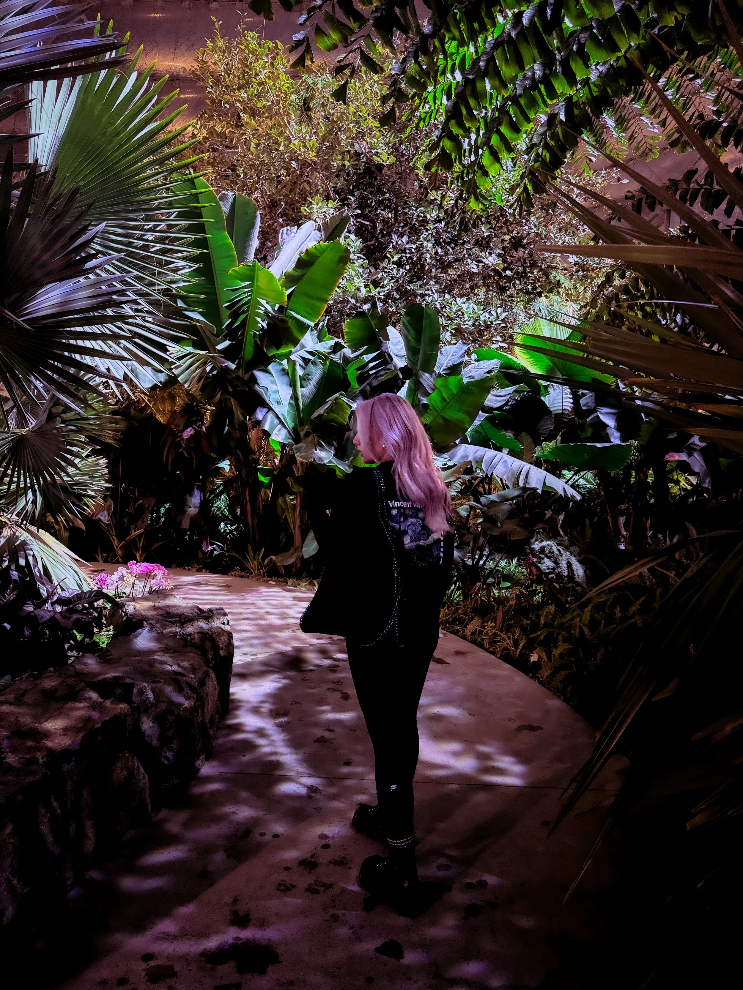 Woman with pink hair walking through a lush, tropical indoor garden with large green leaves and colorful plants, illuminated by soft purple and blue lighting.