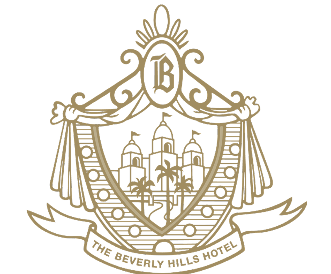 Gold hotel crest featuring a shield with a castle and palm trees, surrounded by ornate banners and a crown, with the text 'The Beverly Hills Hotel' at the bottom.