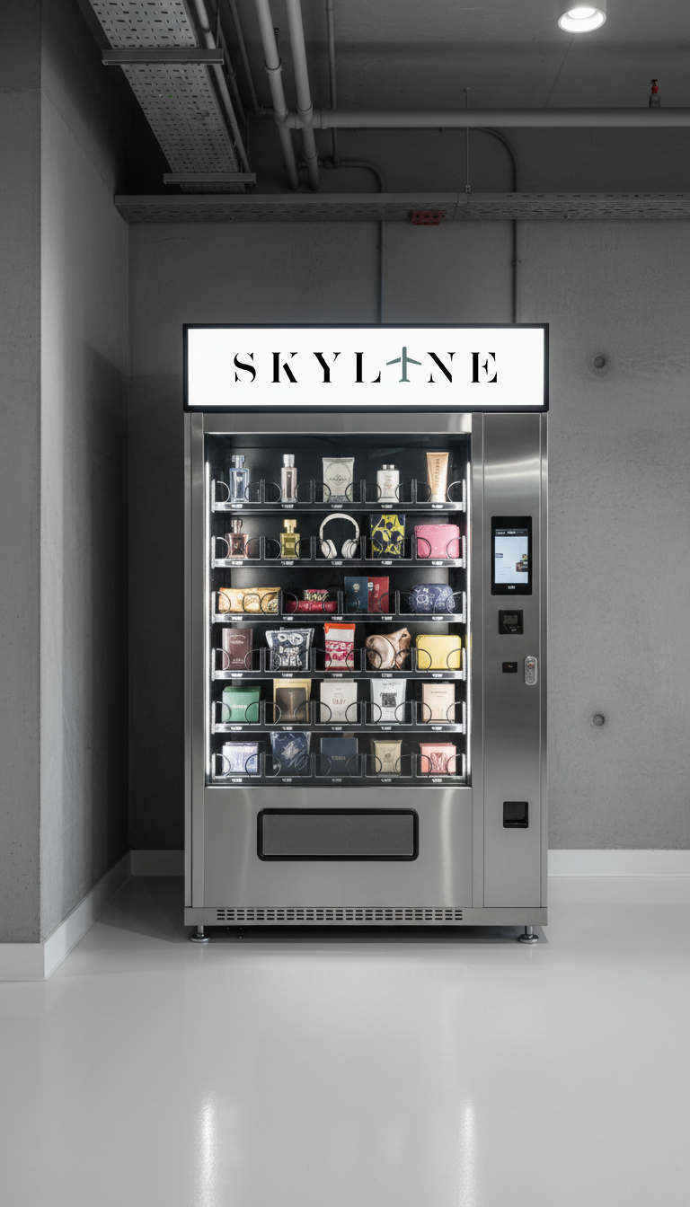 A vending machine labeled 'Skyline' with various colorful perfumes and accessories inside, situated against a gray wall with an industrial ceiling.