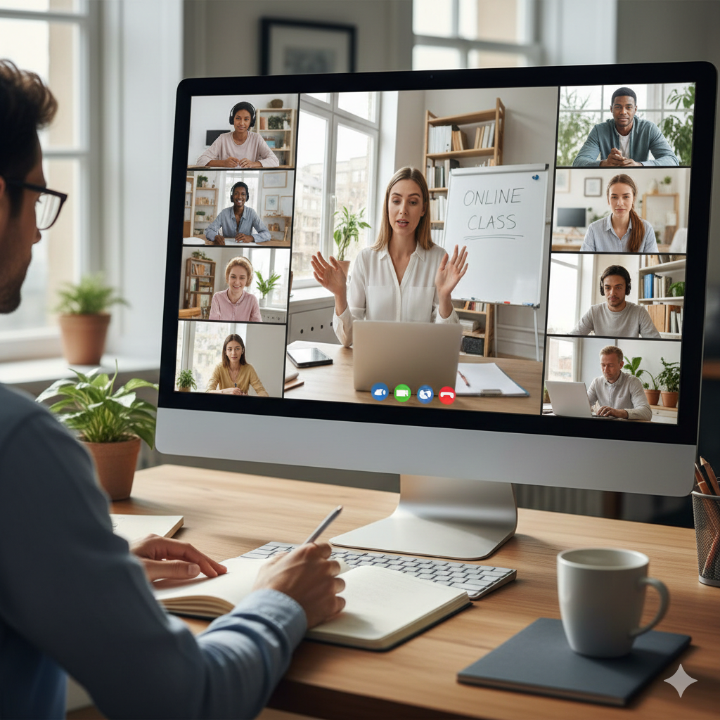 A person taking an online class on a computer, with multiple students and a teacher visible on the screen in a video conference.