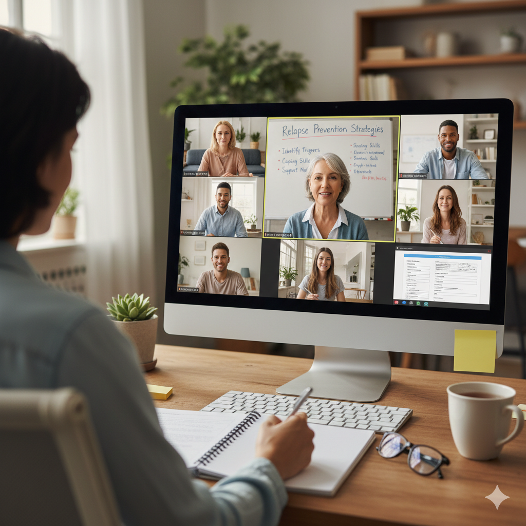 A woman participates in a video conference call on her computer, with six people visible in the video chat grid, including a woman with white hair presenting a whiteboard that reads 'Relapse Prevention Strategies'.
