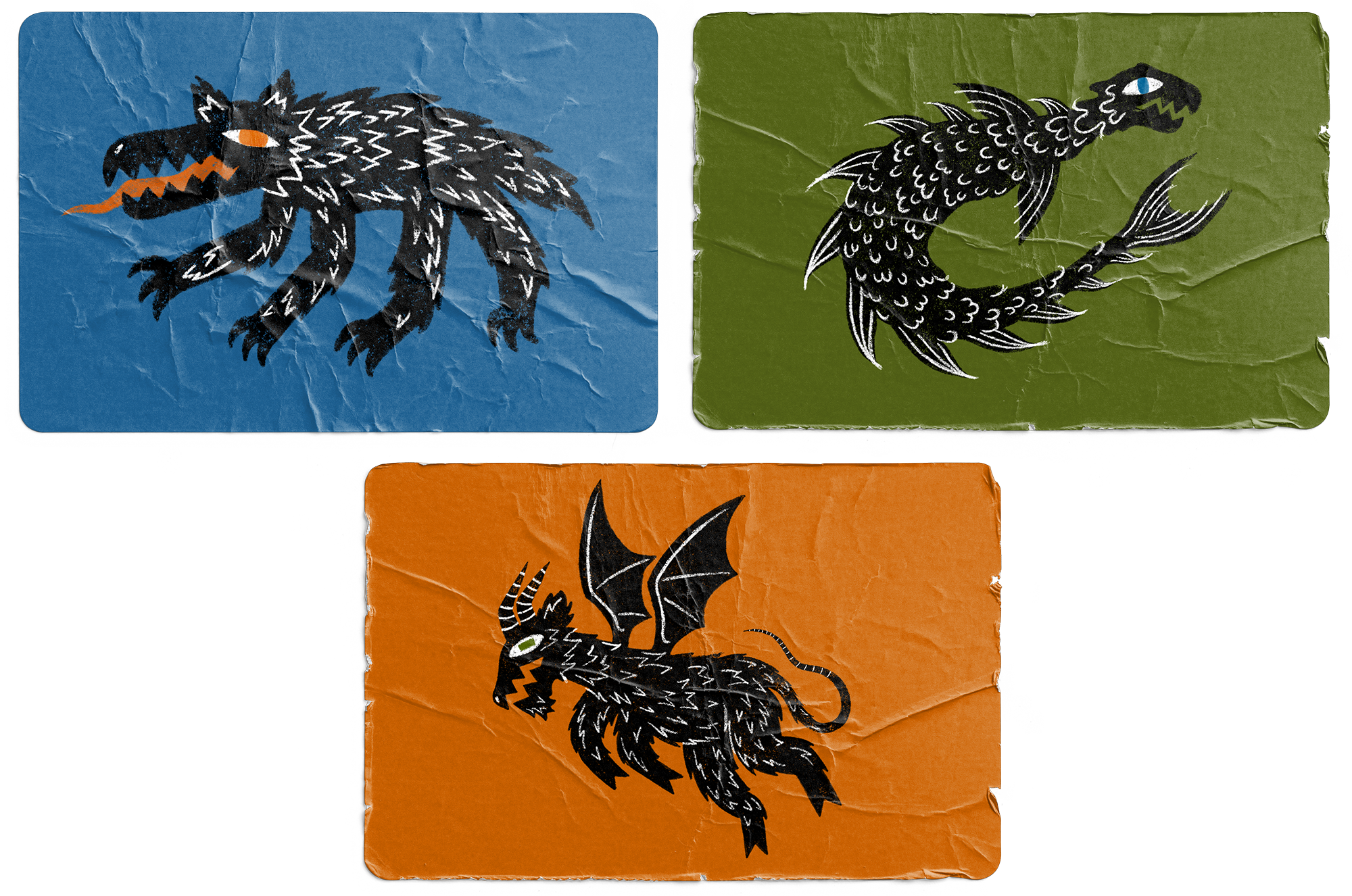 LURK stickers depicting folk stylized Chupacbra, Lochness monster, and Jersey Devil