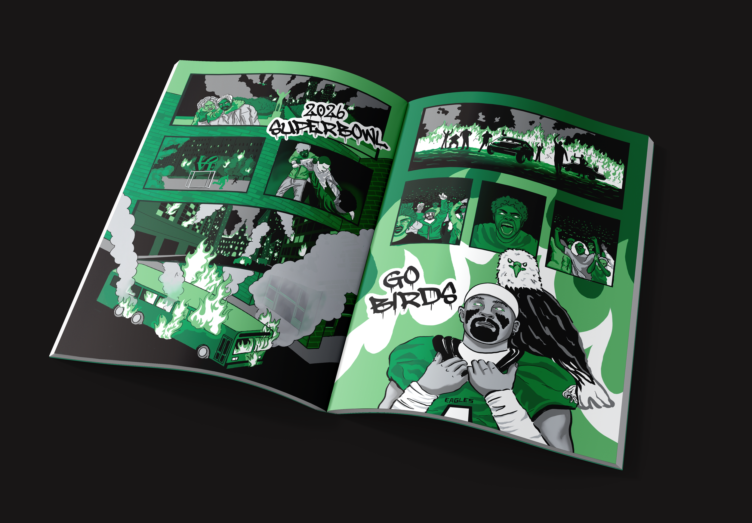 Philadelphia Eagles comic showing post Superbowl win celebration and riot. Comic mockup placed on black backdrop diagonally.  Depicts bus on fire, people setting cars on fire, LOVE sign and faces of rioters with green tones and hues and Jalen Hurts.