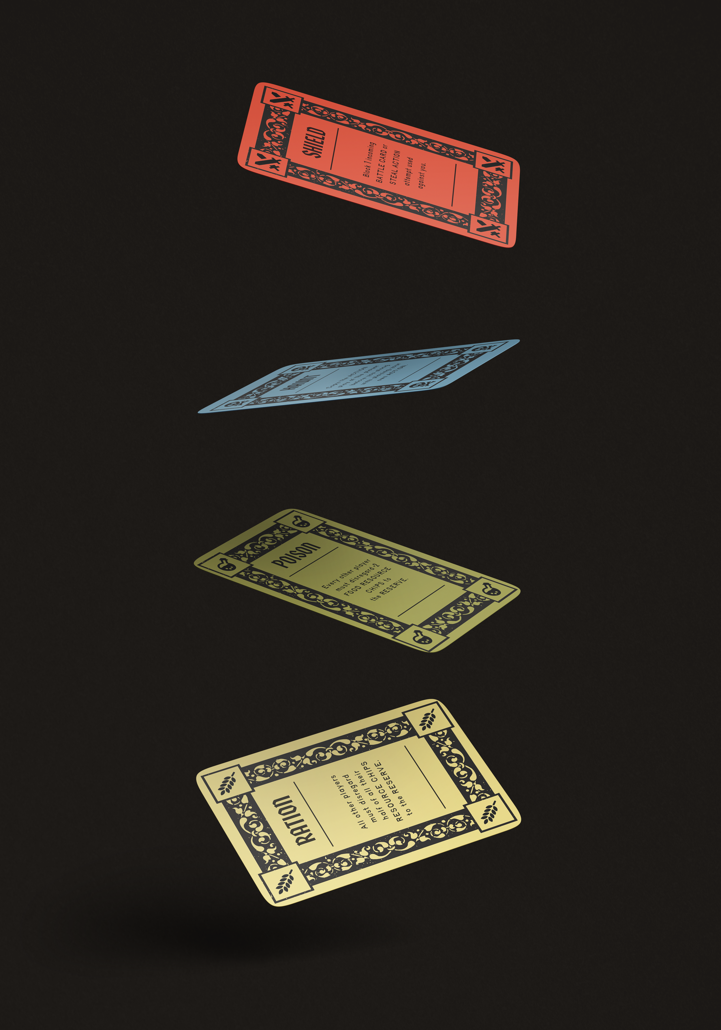 Falling, red, blue, yellow, green cards on black backdrop