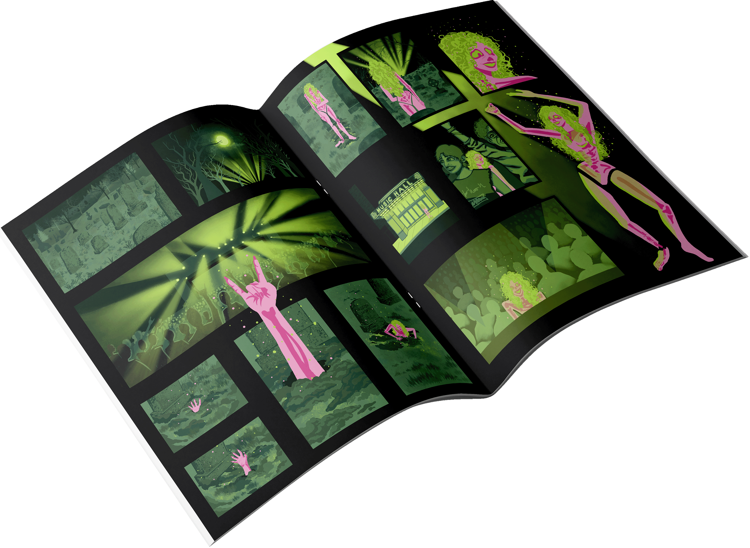 13 Panel comic showing undead woman long green hair rising out of grave to party. Comic laid out on white background.