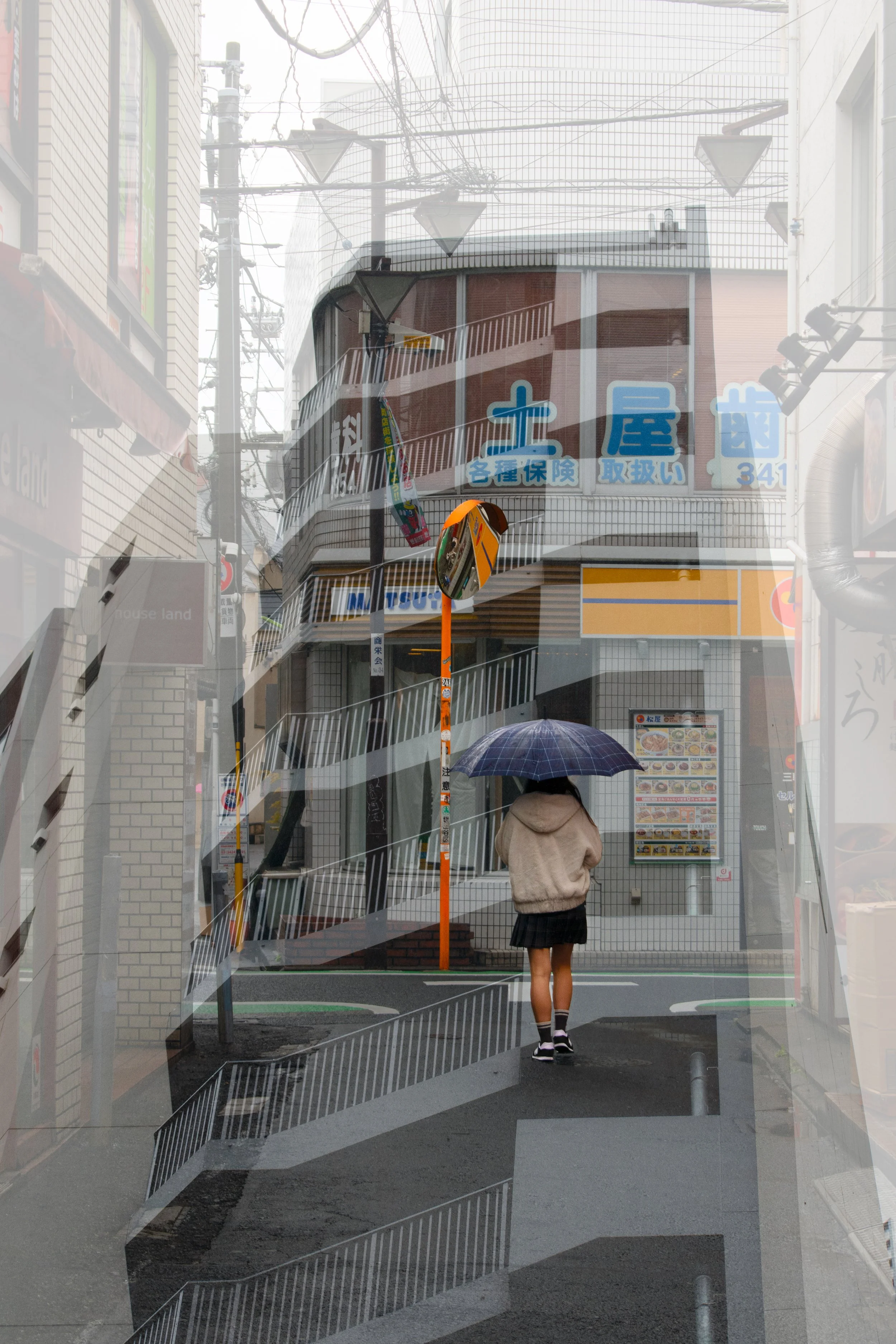 Japan double exposure film photo with woman standing in rain with umbrella in front of building overlaid with building balconies.