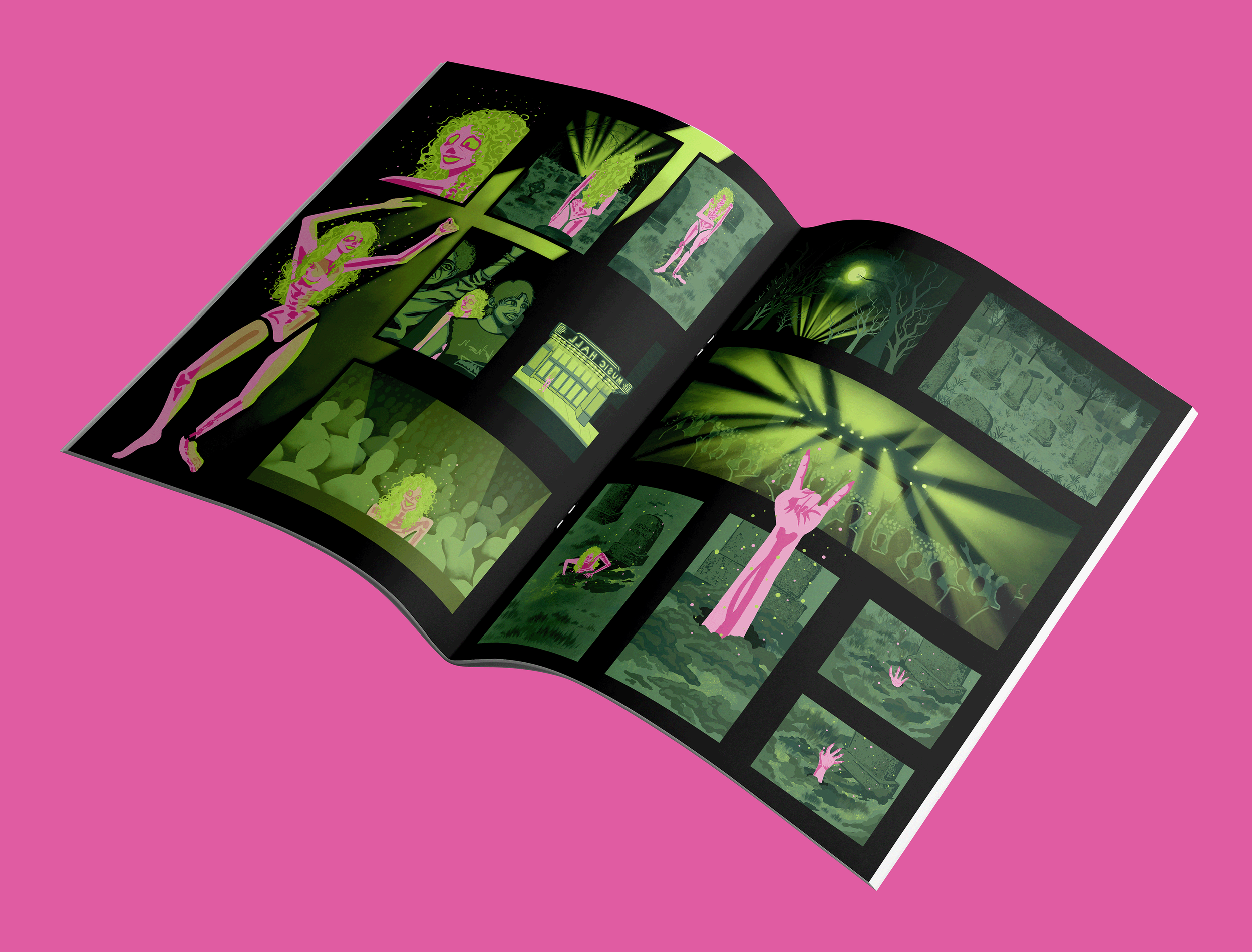 6 Panel comic showing undead woman long green hair rising out of grave to party. Comic laid out on pink background diagonally.