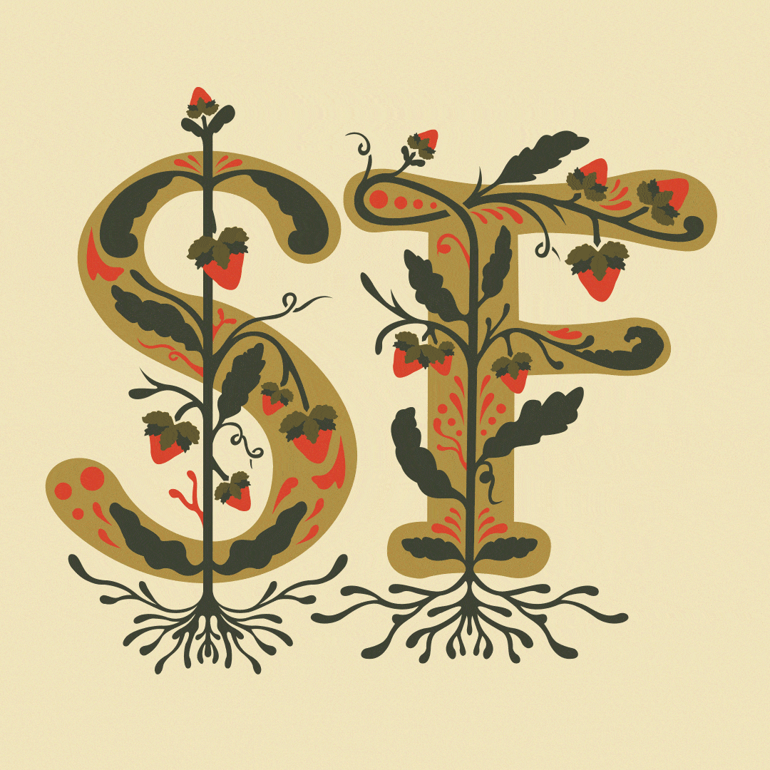 Letters SF with vines and strawberries depicting strawberry festival