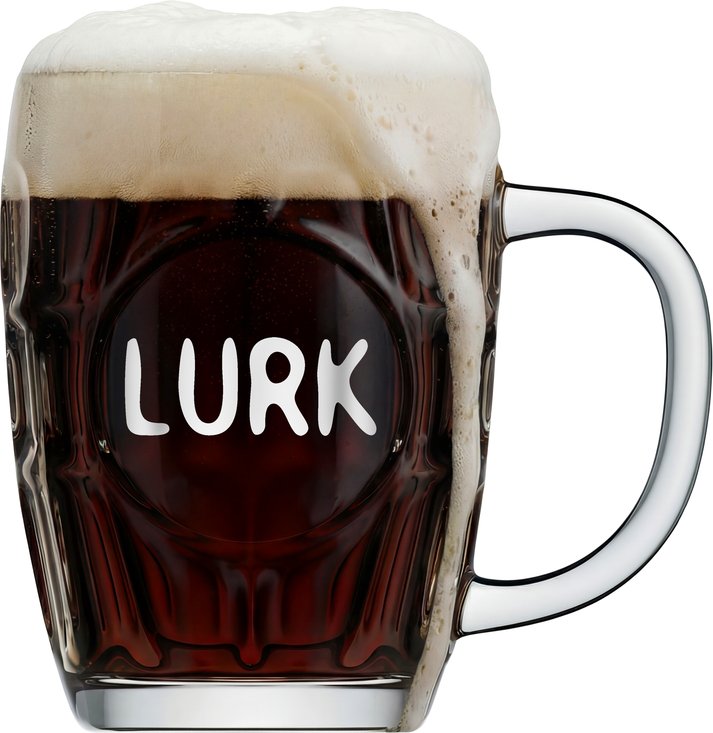 Glass lager with LURK labeled on face