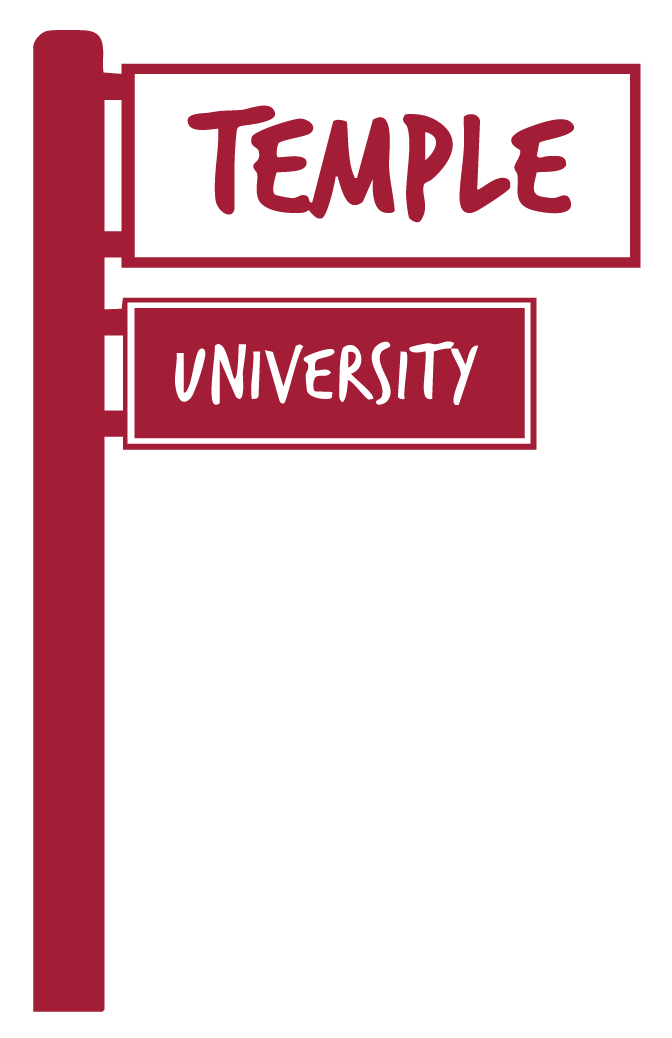 Temple University sign split into two with top saying temple and bottom saying university