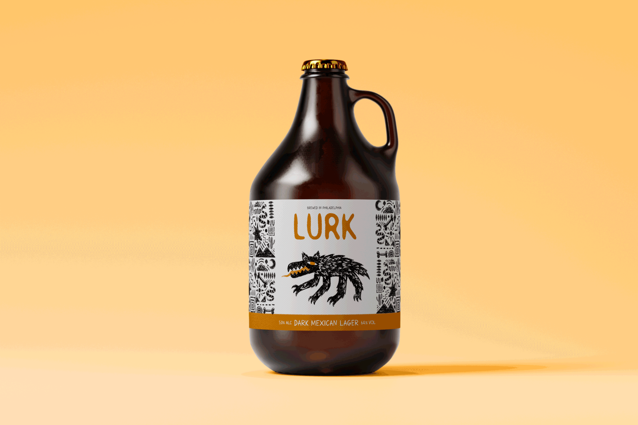 Dark Lager drink; LURK. 64% alcohol with dark brown hue small handle near mouth piece and various cryptids depicted on wrapping that correspond to Mexico, America and the Baltic respectively.