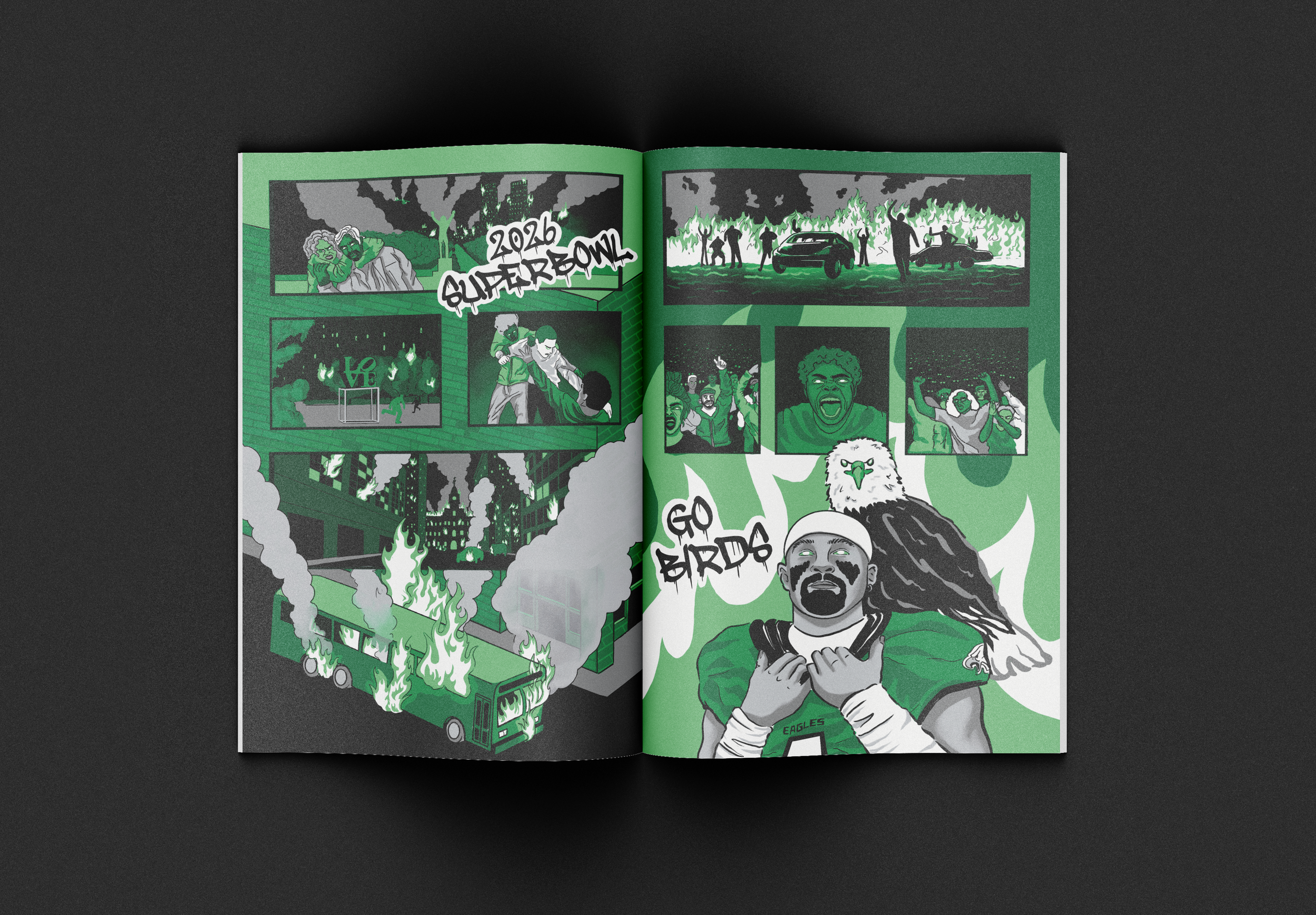 Philadelphia Eagles comic showing post Superbowl win celebration and riot. Comic mockup placed on black backdrop. Depicts bus on fire, people setting cars on fire, LOVE sign and faces of rioters with green tones and hues and Jalen Hurts.