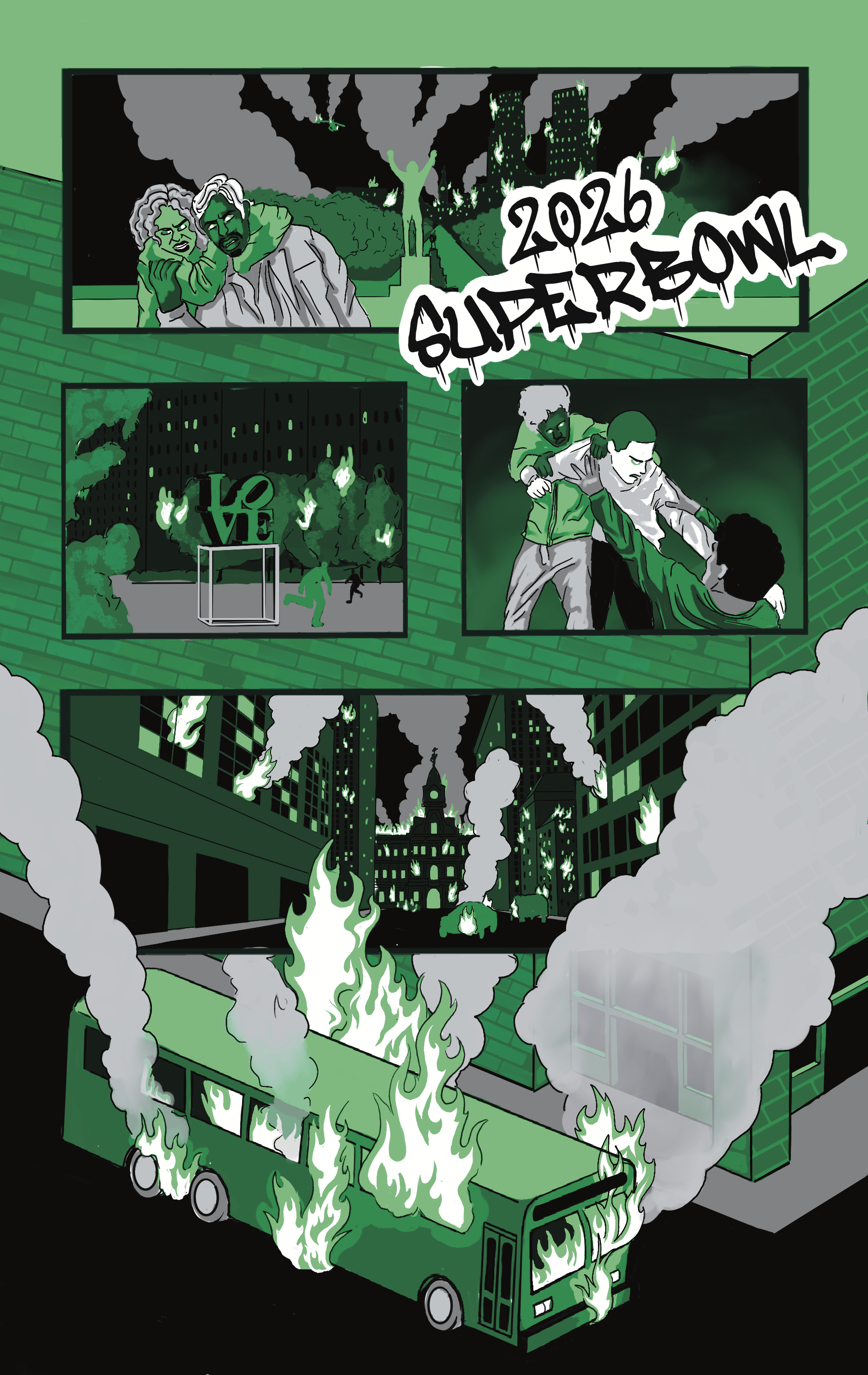 Philadelphia Eagles comic showing post Superbowl win celebration and riot. Comic mockup placed on black backdrop. Depicts bus on fire, people setting cars on fire, LOVE sign and faces of rioters with green tones and hues and Jalen Hurts.