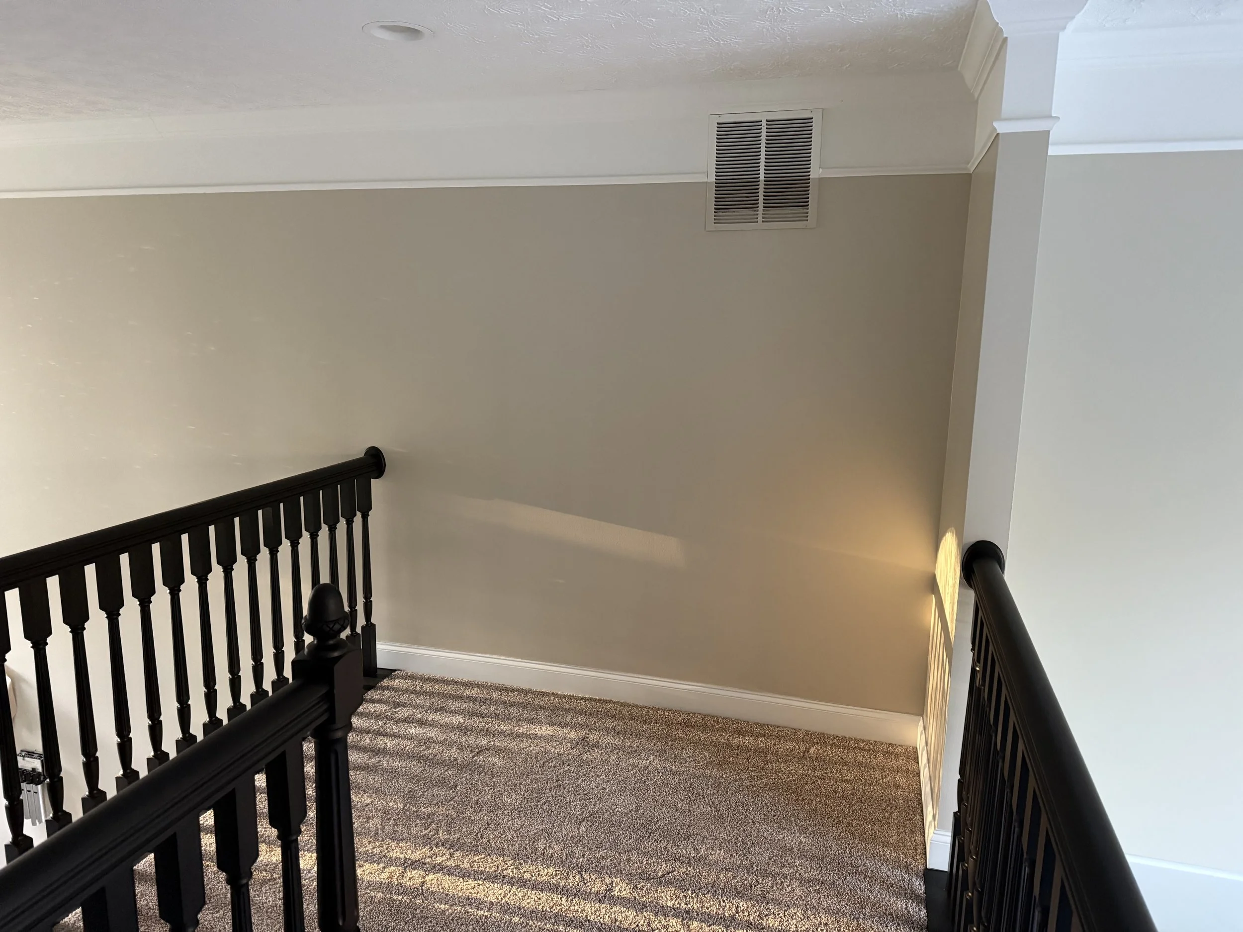 Interior view of a staircase landing with beige carpet, a beige wall, black wooden railing, and a vent on the ceiling. Sunlight casting shadows on the floor.