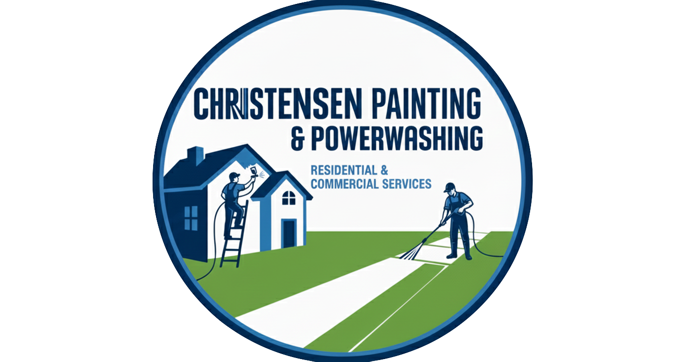 Logo for Christensen Painting & Powerwashing featuring a house with two workers power washing the driveway in front of the house.