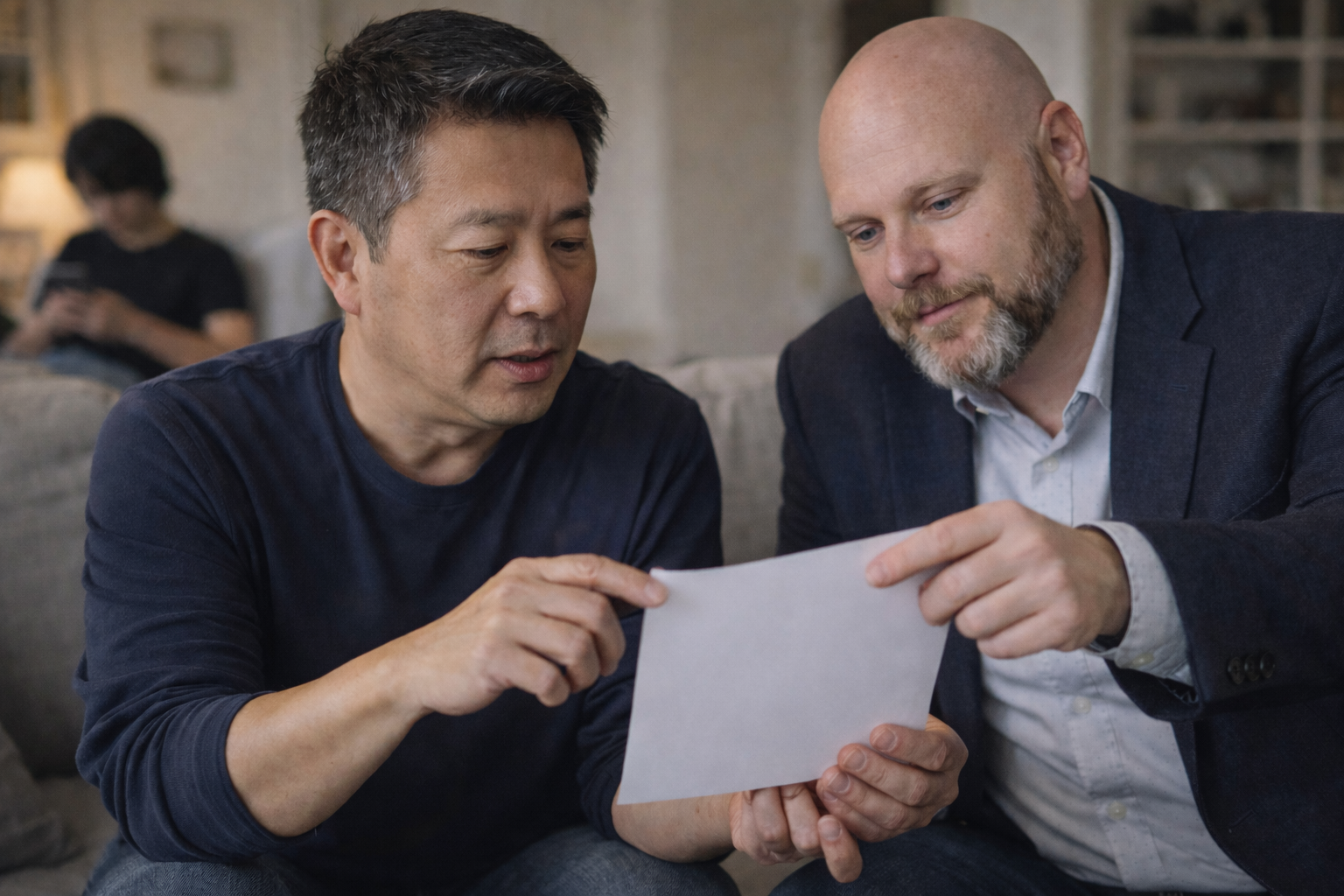 Two men are sitting close together looking at a piece of paper, with a woman in the background using her phone in a cozy living room.