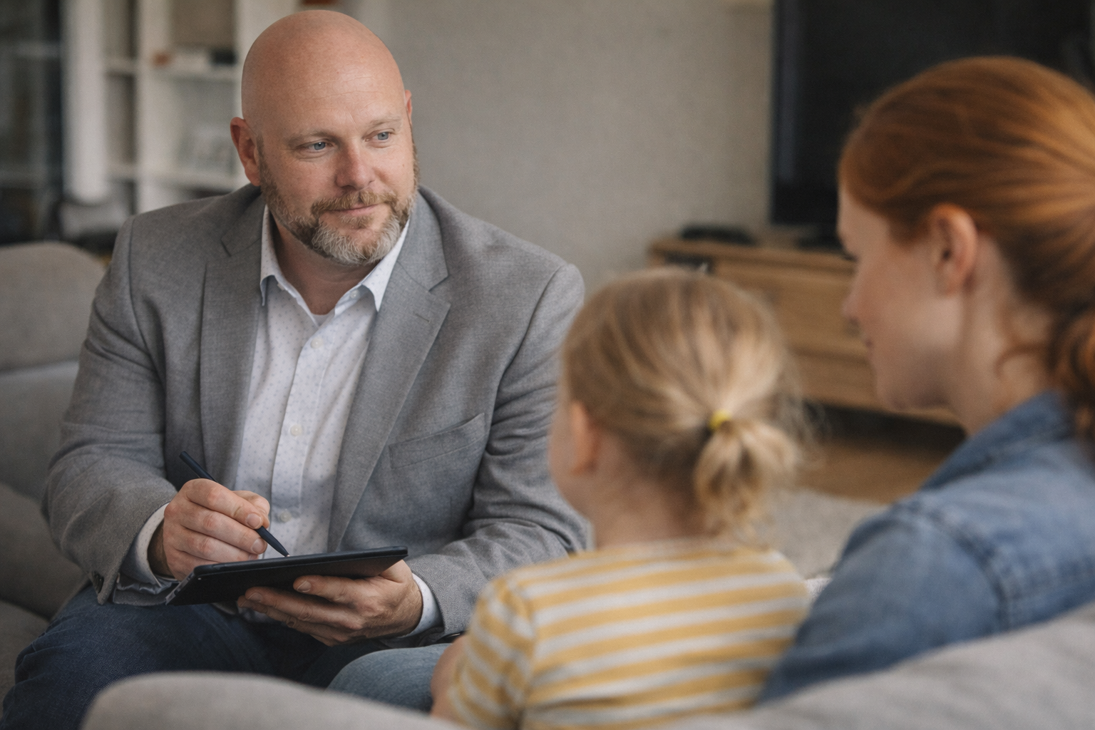 Man in gray blazer speaking to woman and girl sitting on beige sofa in living room.