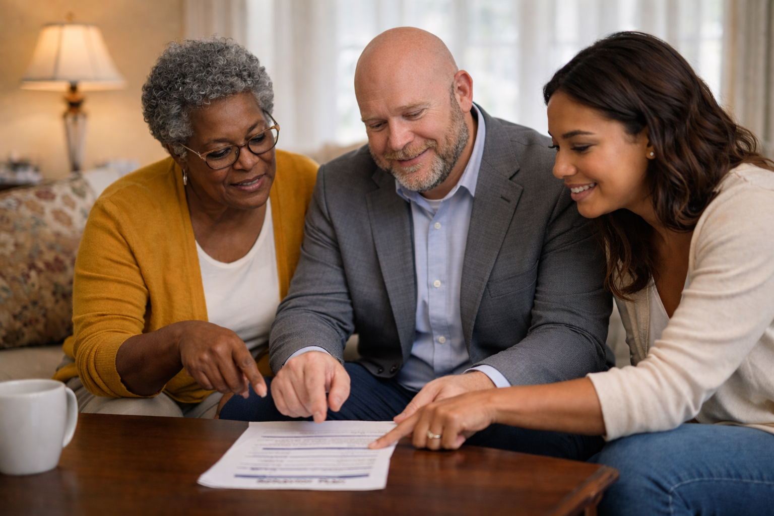 Behavior consultant collaborating with grandparents and parents to review a behavior plan.