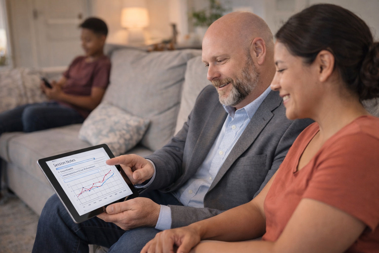 A man in a suit and a woman in a rust-colored shirt sitting on a sofa, looking at a tablet with a line graph, smiling. A child in the background is sitting on another sofa, using a phone.