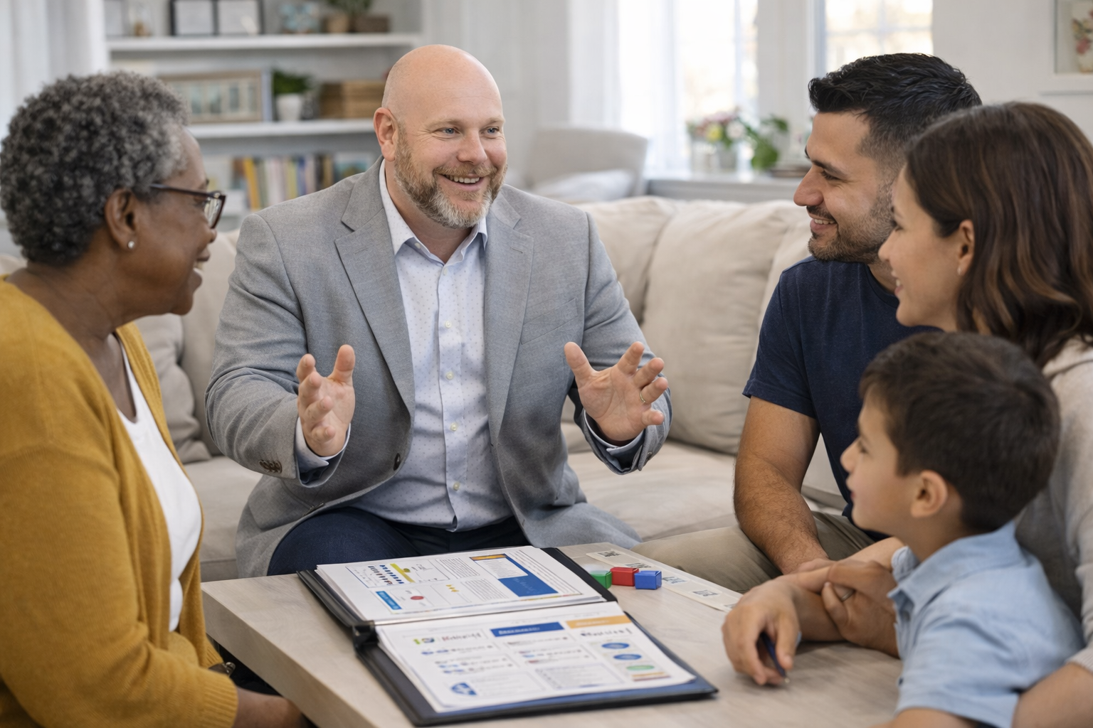 A group of six diverse people, including an older woman, two men, a woman, and two children, are sitting around a table in a living room, engaged in a positive discussion or meeting. They are smiling, and there are papers and colorful blocks on the table.