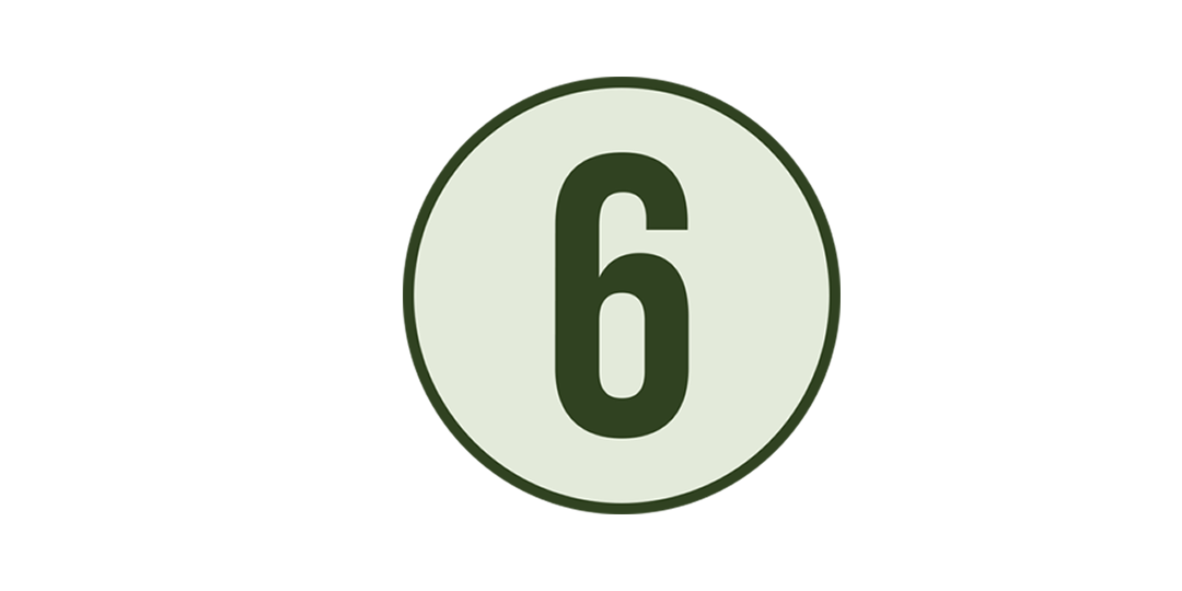 A circular sign with a light green background and a dark green border, displaying the number 6 in dark green.