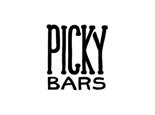 Graphic with the text "PICKY BARS" in black on a white background.