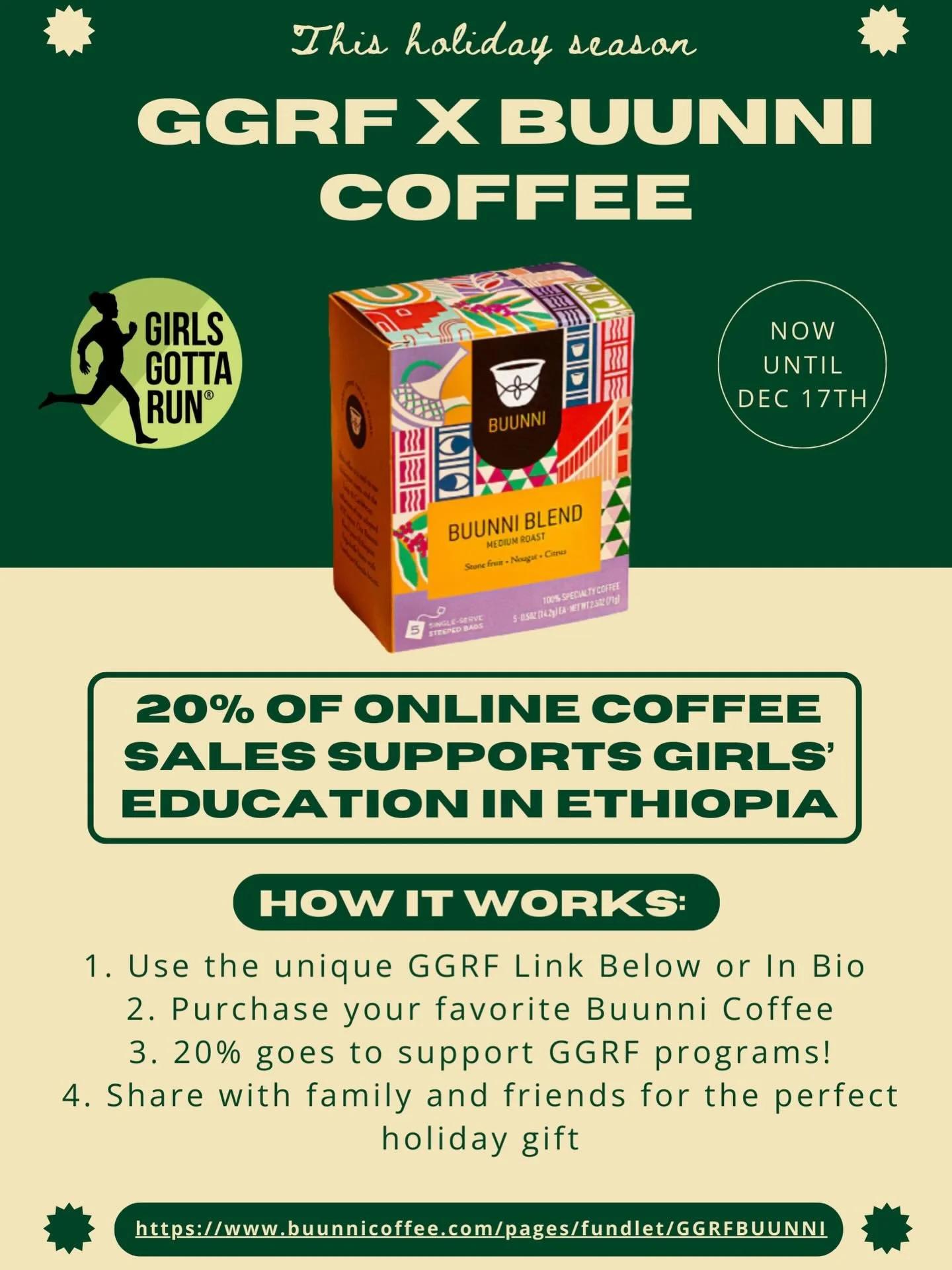 This Giving Tuesday we&rsquo;re brewing impact with @buunnicoffee ☕

Starting today through December 17, 20% of all coffee purchases made through our special Bunni Coffee link (in bio) will be donated to Girls Gotta Run Foundation. Your morning cup, 