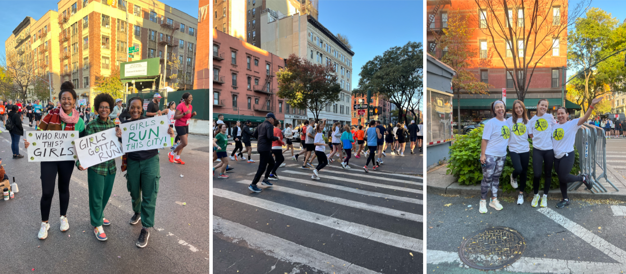 Graphic collage of the NYC marathon runners and spectators, smile and and holding signs