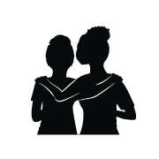 Black and white icon of 2 girls with arms around eachother