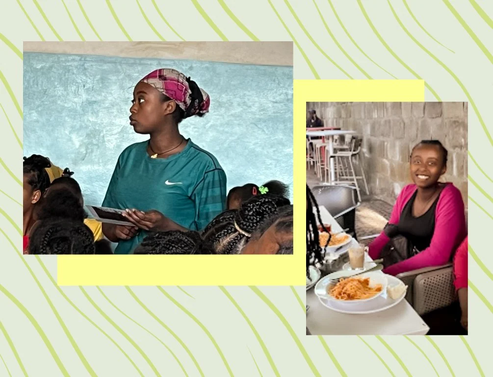 Graphic collage of 2 images of Athletic Scholar Yaebsira, standing up in class, eating a meal