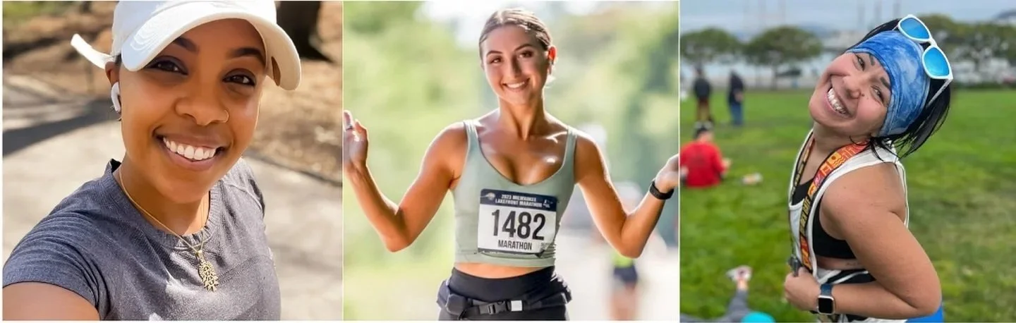 Graphic collage of 3 female runners representing Girls Gotta Run at international races