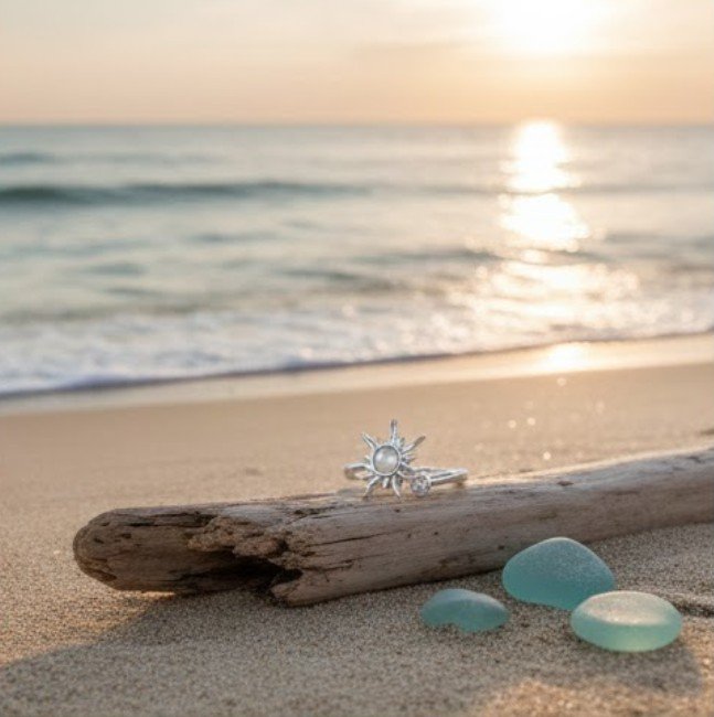 Silver sun-shaped ring on a piece of driftwood on a sandy beach with seashells and an ocean sunset in the background.