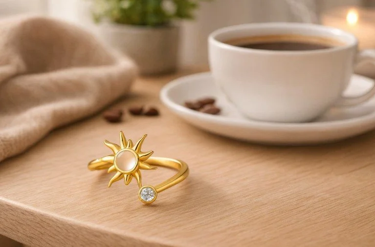 Gold sun-shaped ring with a small diamond resting on a wooden surface near a cup of coffee and coffee beans.
