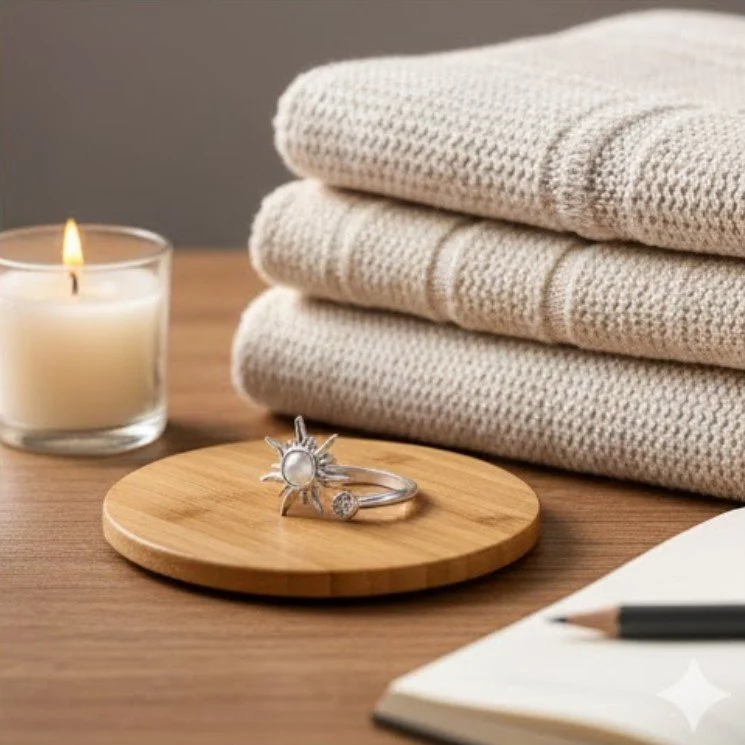 A wooden table with a lit candle in a glass holder, a silver ring with sun and moon design, beige folded knit blankets, a black pencil, and a white notebook.