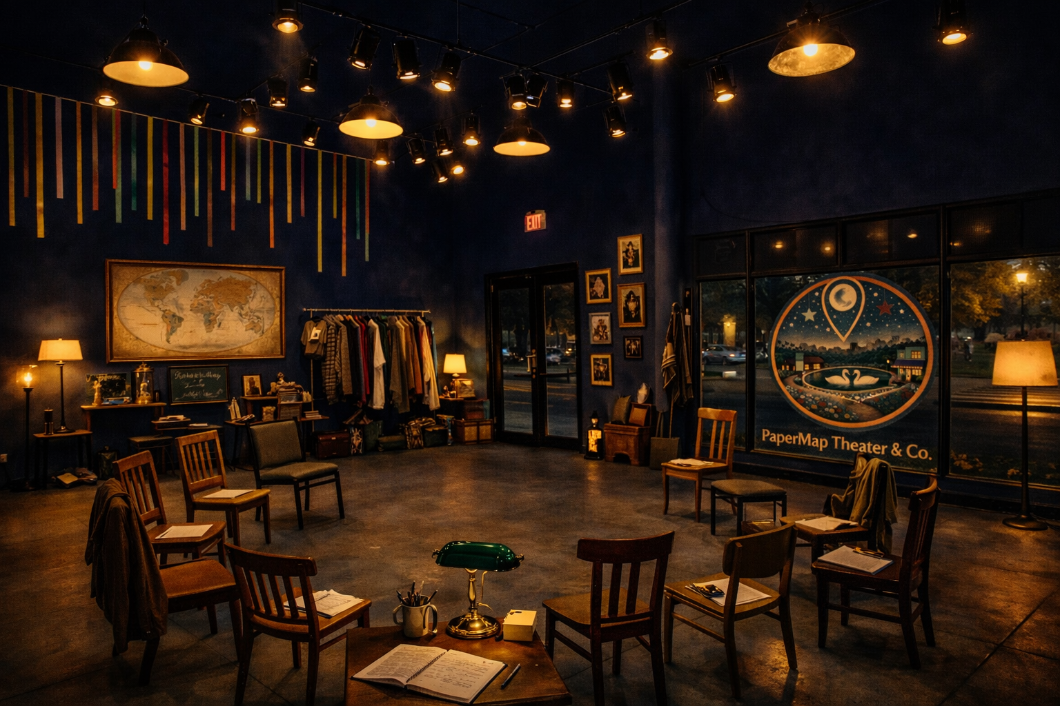 A cozy, dimly lit room with wooden chairs arranged in a circle, a table with a green banker’s lamp, notebooks, and writing utensils. The room has dark blue walls, a world map, framed pictures, and a large window with a colorful logo for PaperMap Theater & Co. outside. Warm lamps provide ambient lighting.