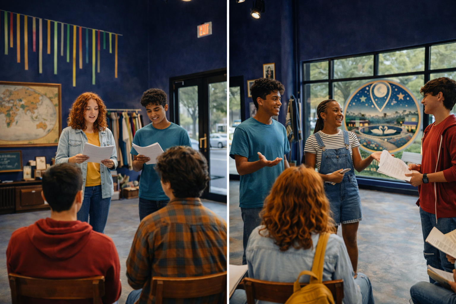 Group of young people engaged in discussion and presenting in a blue-walled room with large windows and colorful artwork.