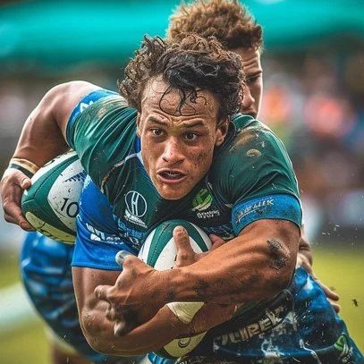 A rugby player holding a rugby ball is running while being tackled by a player behind him during a game.