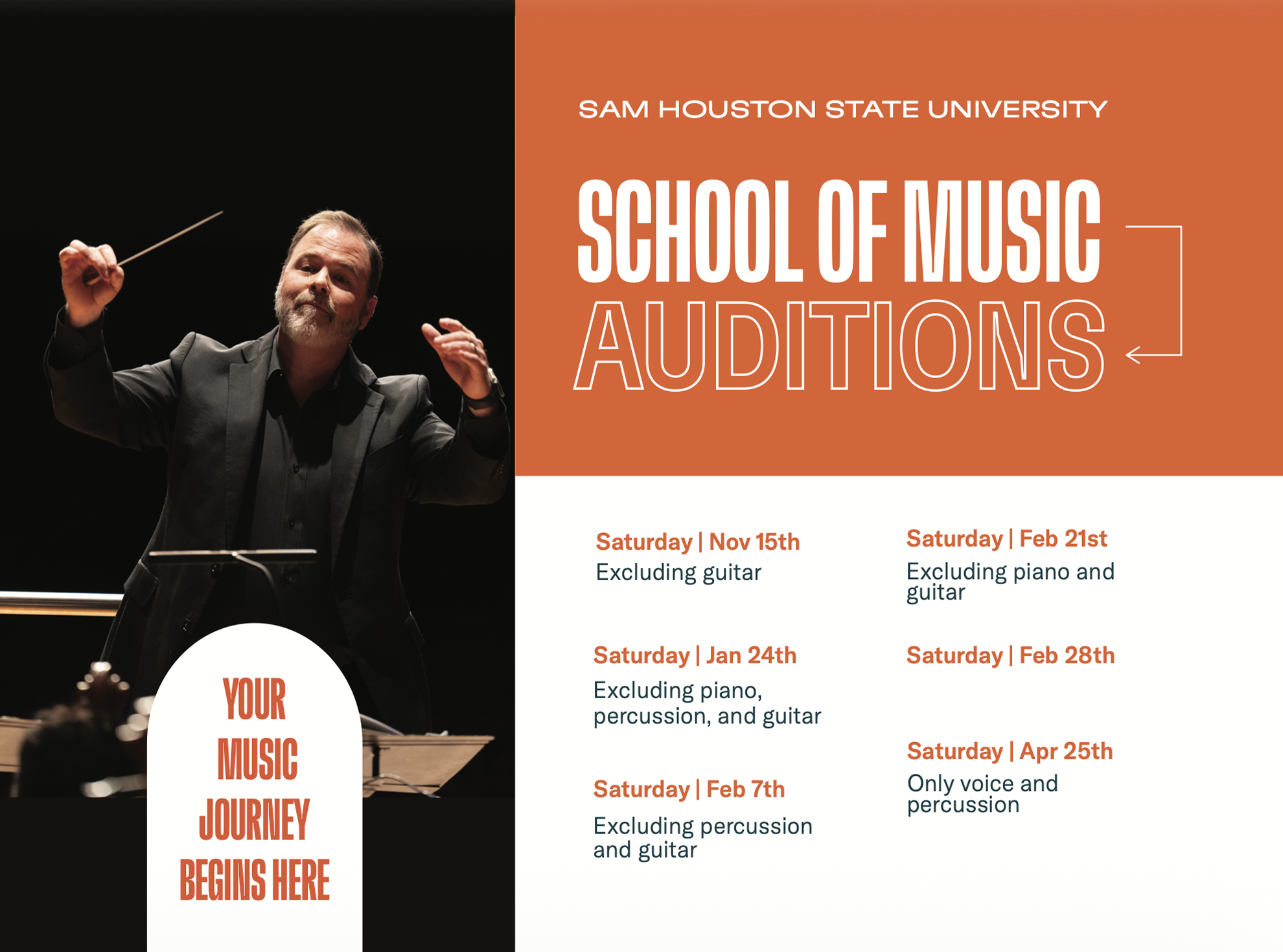 Poster for Sam Houston State University School of Music auditions with a conductor conducting on stage, featuring a black background and text detailing audition dates and exclusions.