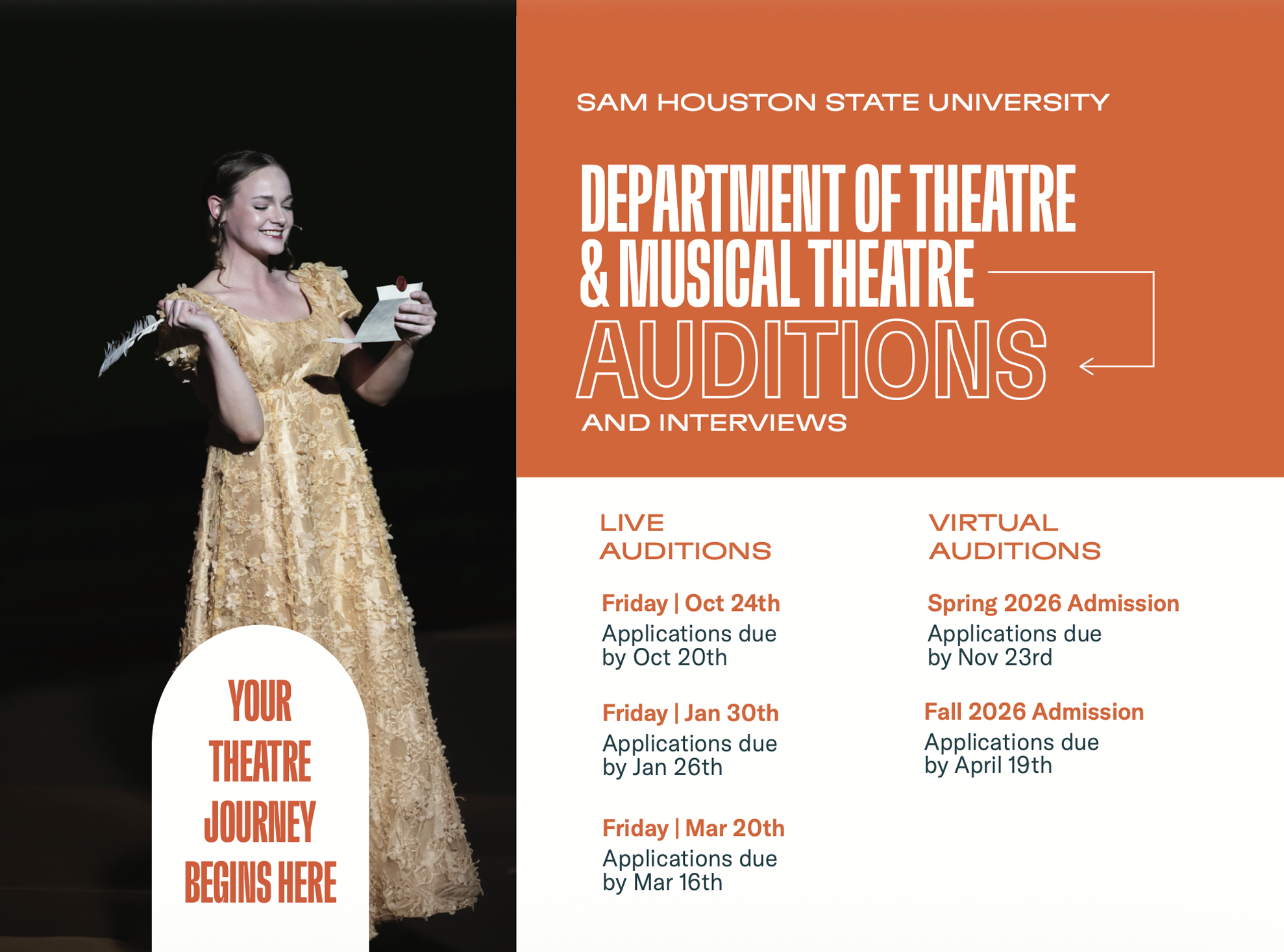 Flyer for Sam Houston State University's Department of Theatre & Musical Theatre auditions and interviews, showing a smiling woman in a golden dress holding a letter and feather quill on stage.