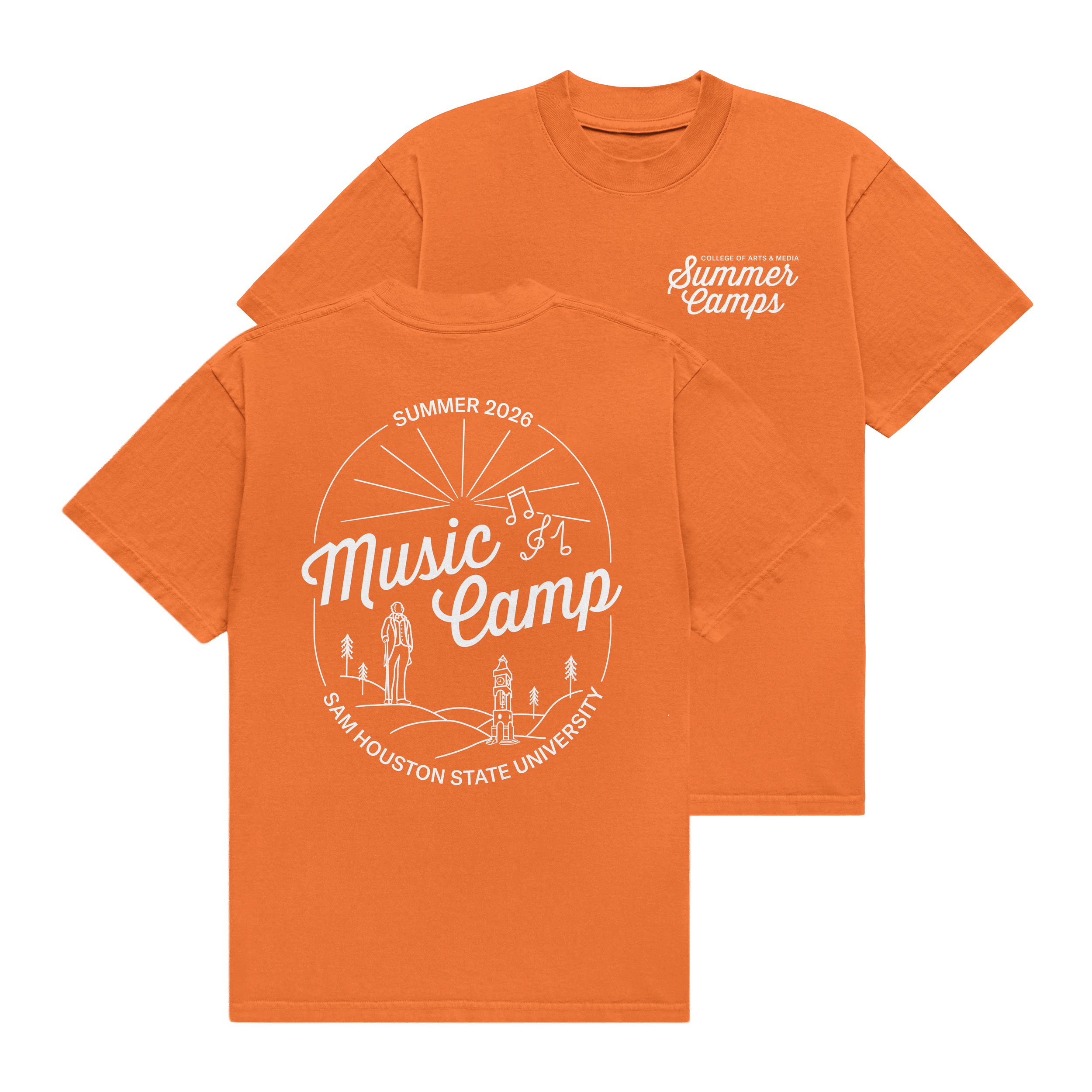 Orange T-shirt with white graphic design promoting Summer 2026 Music Camp at Sam Houston State University, featuring a stylized illustration of trees, a figure, a clock tower, and musical notes.