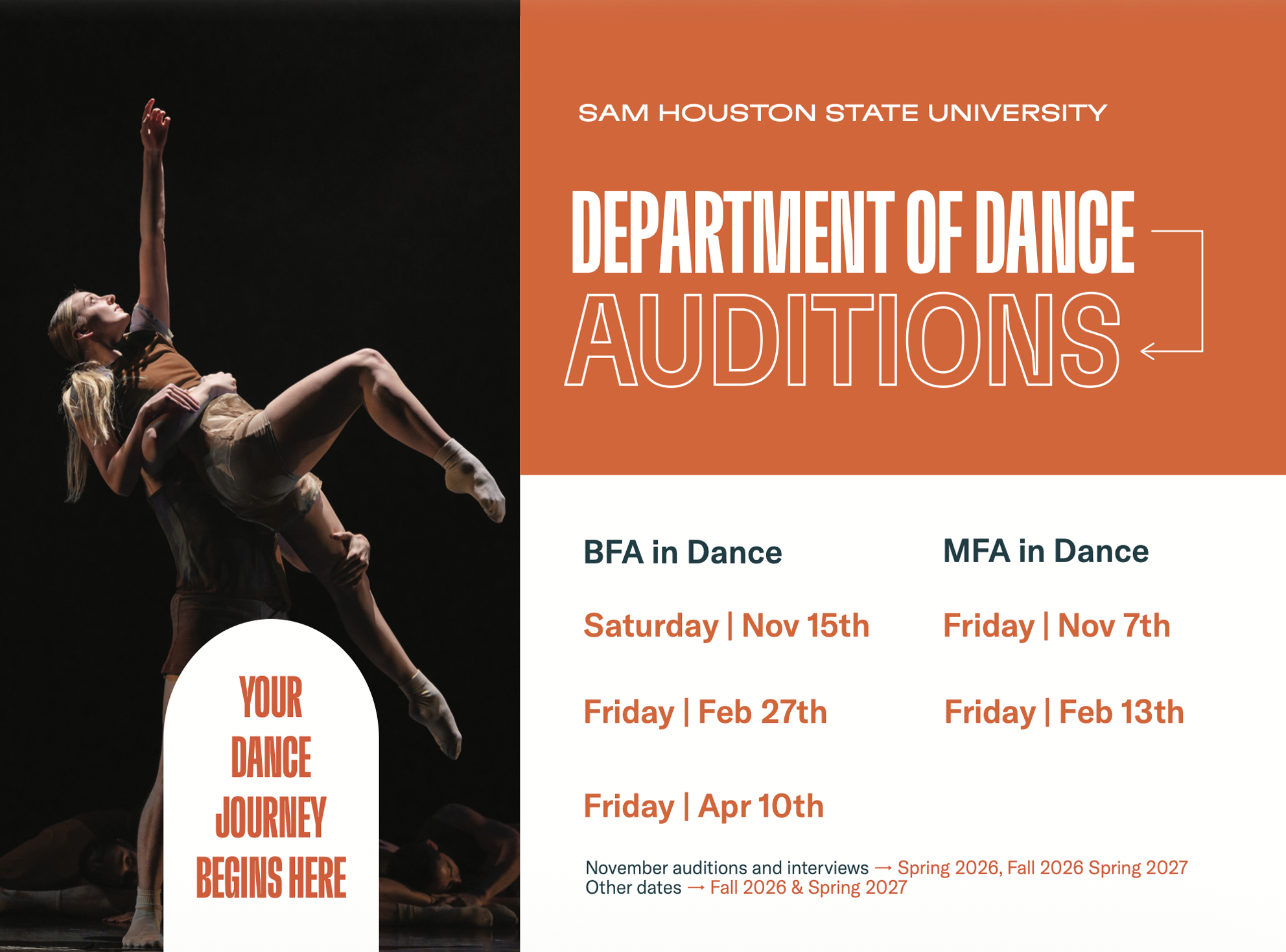 Dance performance with a female dancer lifted by a male dancer on a dark stage, with promotional text on the right side for Sam Houston State University's Department of Dance auditions, listing dates for BFA and MFA dance programs.
