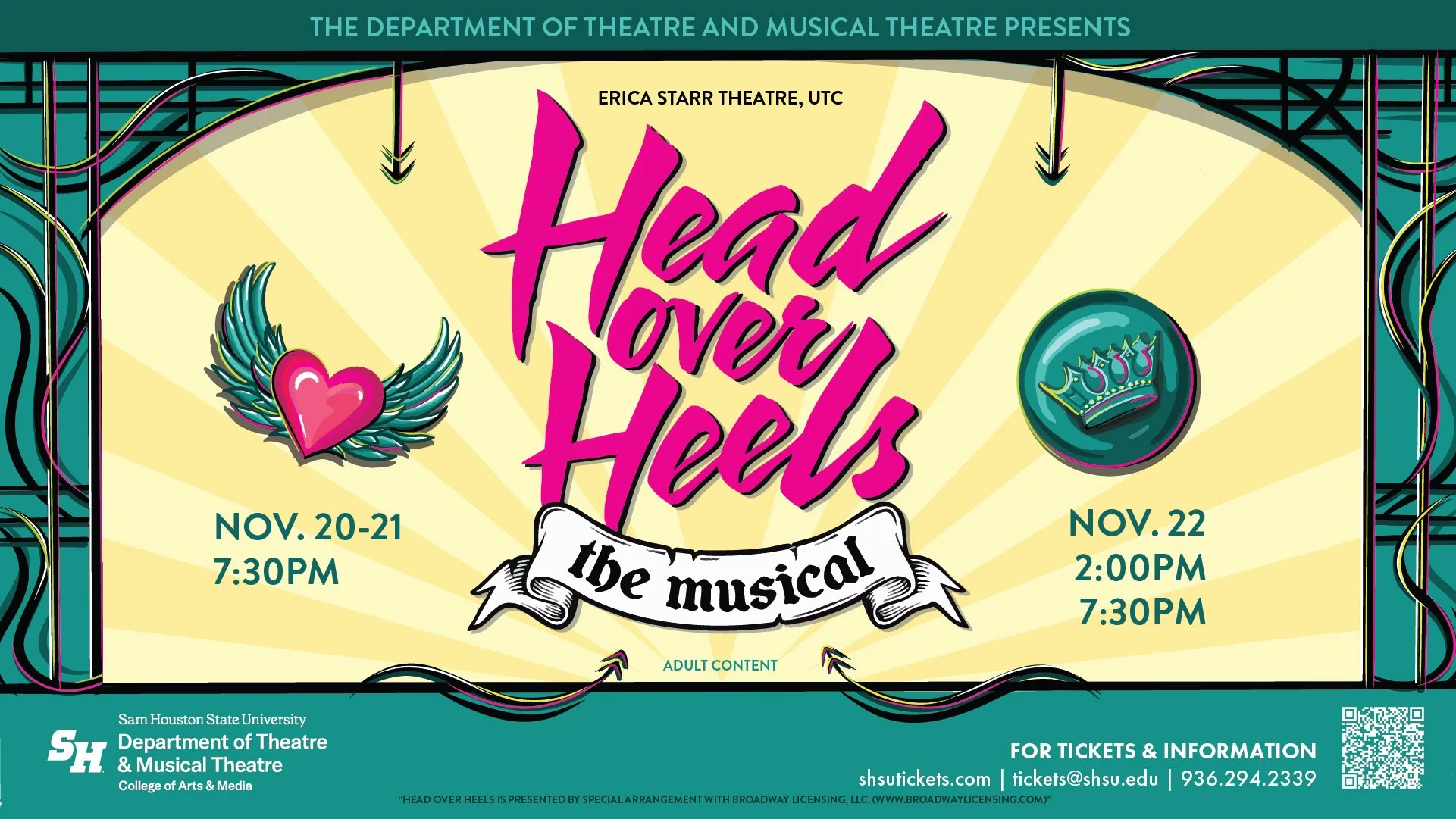 A colorful poster advertising the musical 'Head Over Heels' presented by the Department of Theatre and Musical Theatre at Sam Houston State University. The poster includes performances on November 20-21 at 7:30 PM and November 22 at 2:00 PM and 7:30 PM. It features a heart with wings and a crown icon, with bright yellow background and decorative borders.