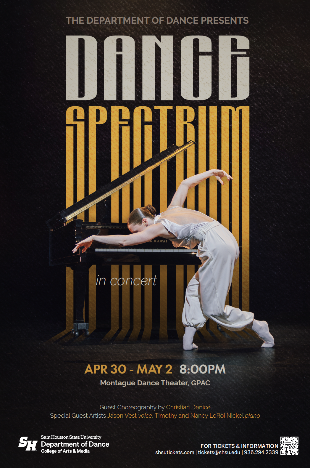 Dance Spectrum concert poster featuring a dancer in a pose at a black grand piano, with black and gold striped background, event details, and sponsor information.