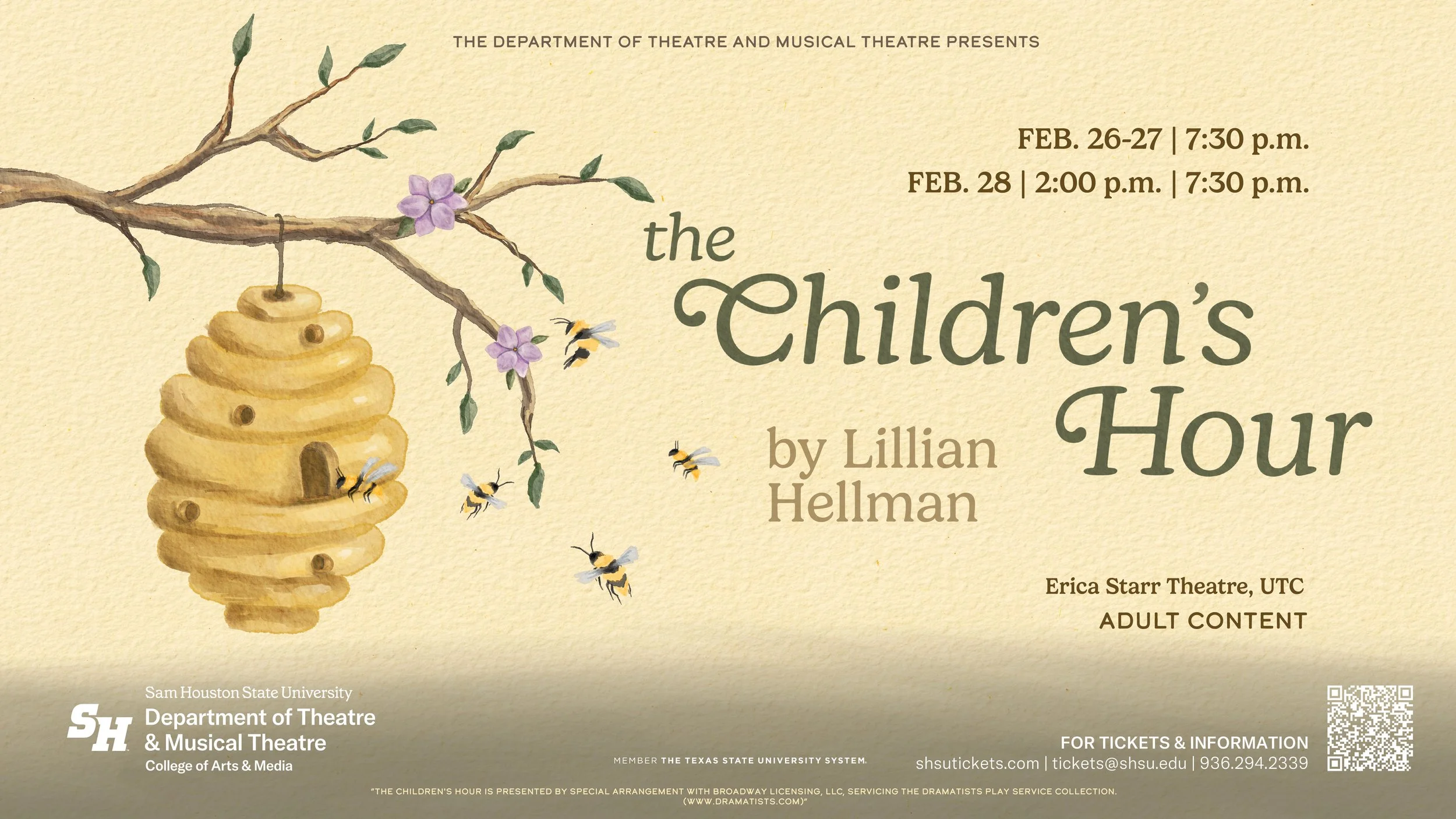Poster for a theatrical performance titled 'The Children's Hour' by Lillian Hellman, presented by the Department of Theatre and Musical Theatre at Sam Houston State University. Dates are February 26-27 and February 28, with showtimes at 7:30 p.m. and 2:00 p.m. The venue is Erica Starr Theatre, UTC. The poster features an illustration of a beehive hanging from a tree branch with pink flowers and bees flying around.