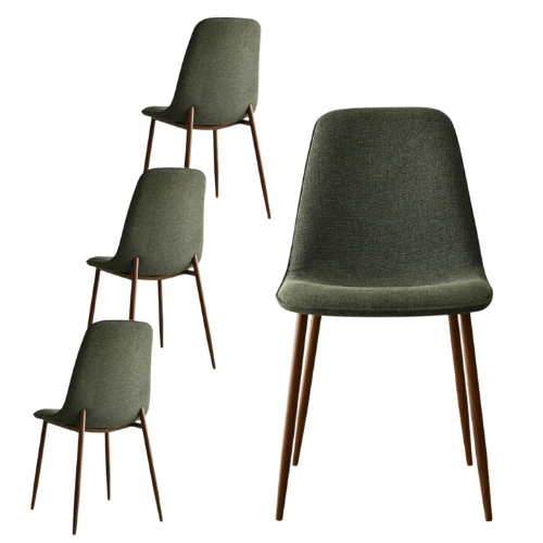Four green upholstered chairs with wooden legs, arranged with three chairs stacked and one chair placed separately.