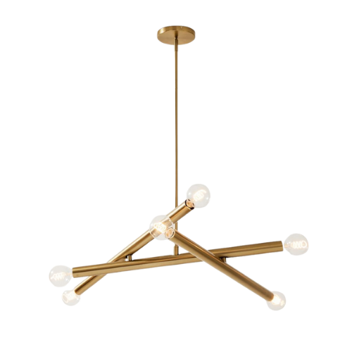 Modern gold chandelier with exposed light bulbs and geometric design