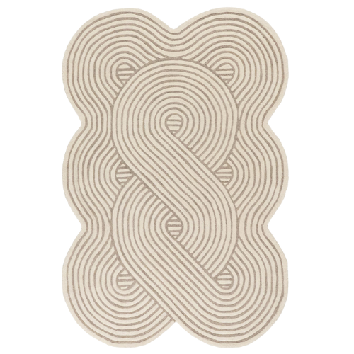 Close-up of a beige and brown spiral-patterned area rug with geometric designs.