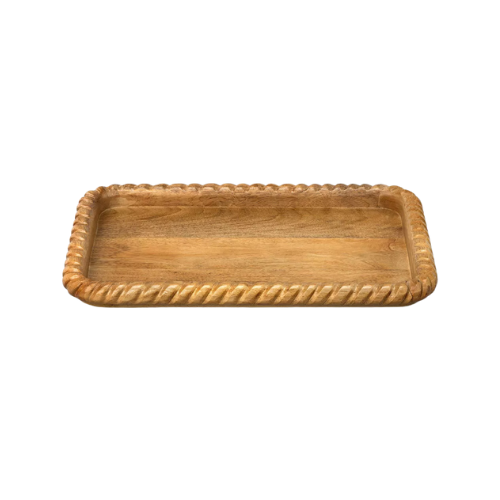 A rectangular wooden tray with a braided edge.