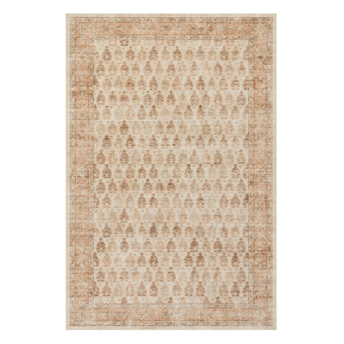 A beige and brown patterned area rug with intricate symmetrical designs and a decorative border.